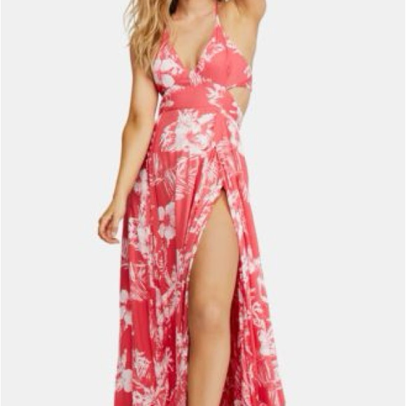 Free People Lille Maxi Halter Dress Red Raspberry Floral Cotton Size M - Picture 2 of 8